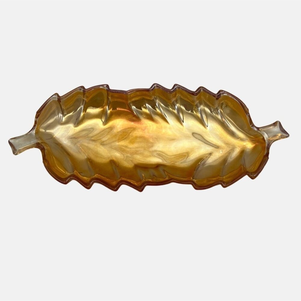 Vintage Leaf-Shaped Carnival Glass Dish Double Stems Marigold 11" x 4.5" Snack